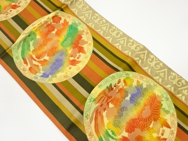 縞・丸に鳳凰・草花模様織出し名古屋帯